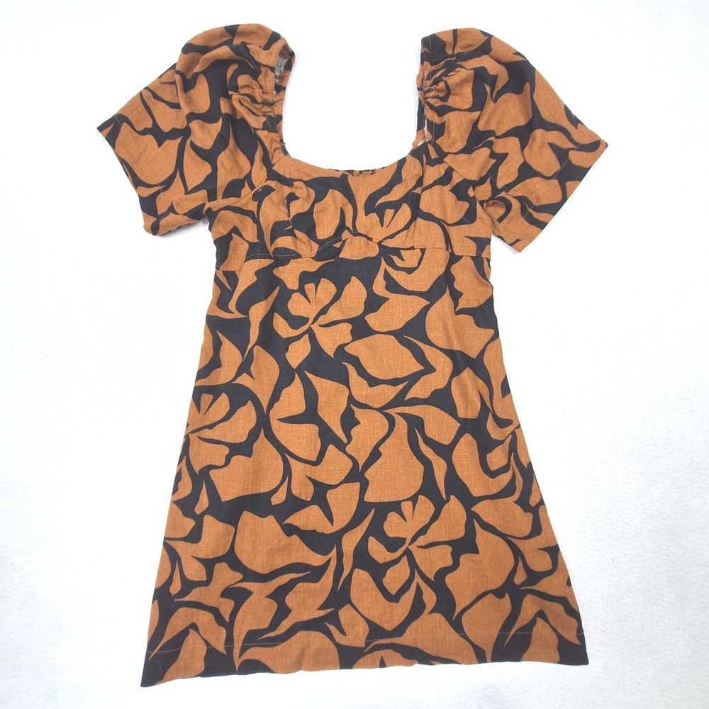 A New Day Mini Dress Womens Medium Brown Black Abstract Floral Linen Blend Boho